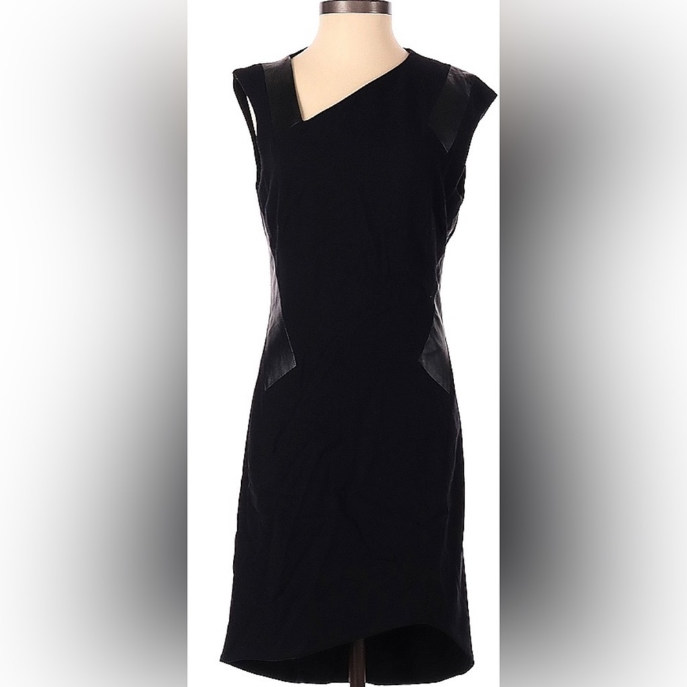 Helmut Lang High Low Black Dress Leather Trim and Asymmetrical Neckline size 2